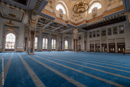 Beautiful prayer hall interior view at Sri Sendayan Mosque, Seremban, Negeri Sembilan, Malaysia.