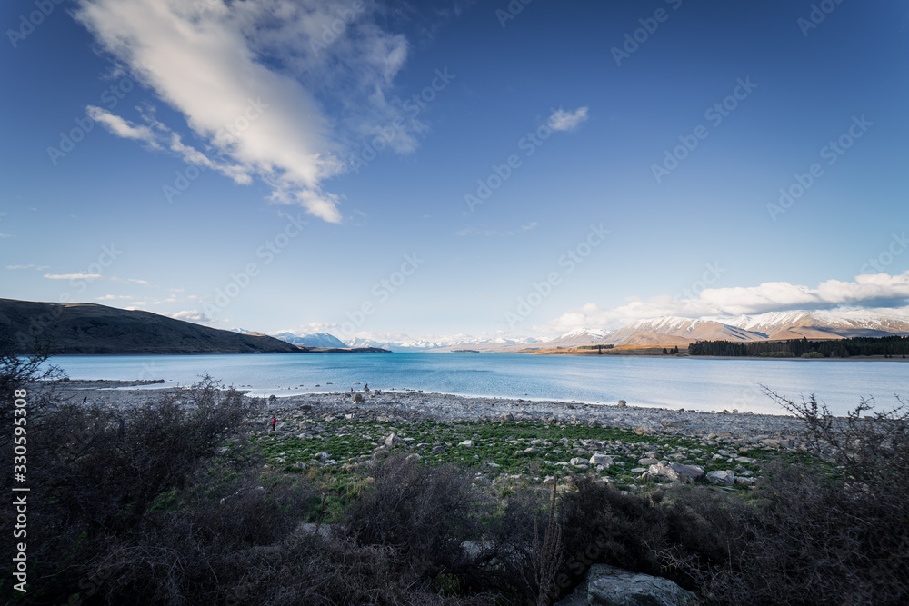 Beautiful panoramic view of Tekapo Lake with Mount Cook in the background, New Zealand