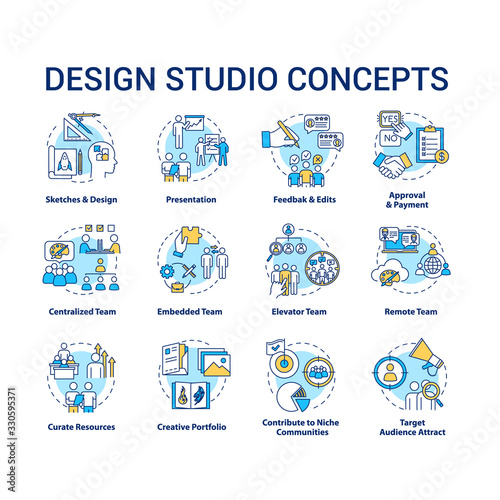 Design studio concept icons set. Designers team structure types and creative process steps idea thin line RGB color illustrations. Vector isolated outline drawings. Editable stroke