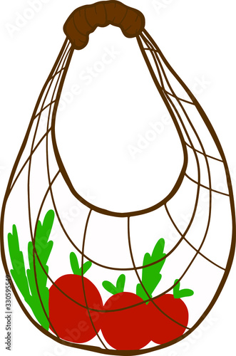Ecological string bag for shopping in stores. Bag with fruits in doodle style. Simple illustration about environment problems. Hand drawn element for graphic and web design.