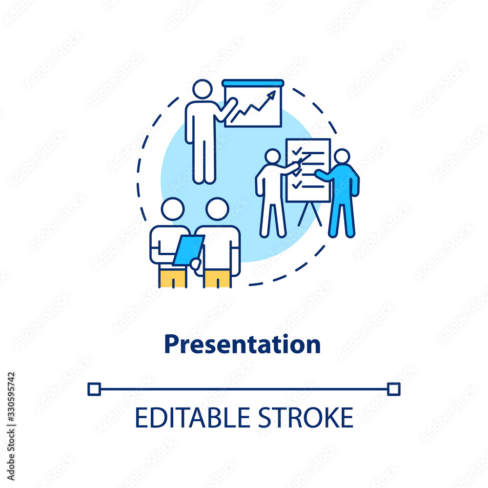 Presentation concept icon. Project familiarization idea thin line illustration. Creative design process step, order fulfillment. Vector isolated outline RGB color drawing. Editable stroke