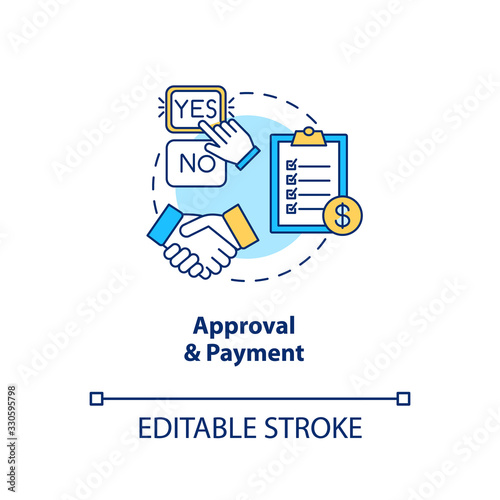 Approval and payment concept icon. Order finishing idea thin line illustration. Delivering final files, creative design process step. Vector isolated outline RGB color drawing. Editable stroke