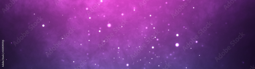 Neon particles horizontal background. Blue pink abstract glowing space