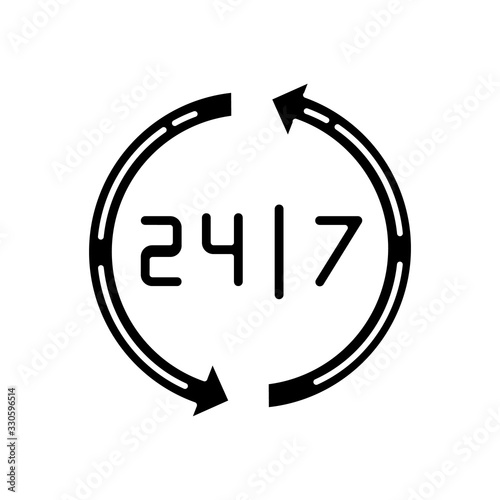 Open around the clock black glyph icon. 24 7 hour service. Everyday open store. Twenty four seven hours commerce and retail. Silhouette symbol on white space. Vector isolated illustration