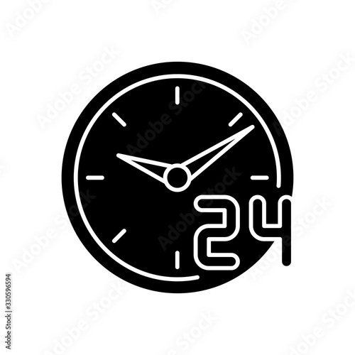 Around the clock service black glyph icon. 24 7 hour customer support. Circle watch dial badge. Twenty four seven hours commerce. Silhouette symbol on white space. Vector isolated illustration