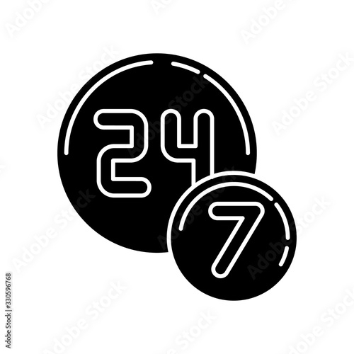 24 7 circle badge black glyph icon. Twenty four seven hours round sign. Always available service. Commerce and retail industry badge. Silhouette symbol on white space. Vector isolated illustration