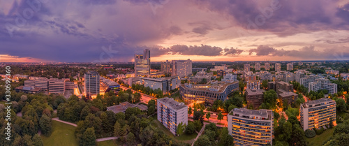 Panorama of business architecture in the working heart of Munich made by a drone.