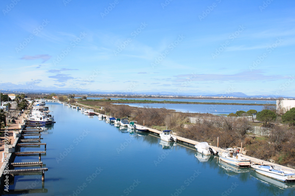 The Lez, a coastal river,  in Palavas les flots, a seaside resort of the Languedoc coast in the south of Montpellier