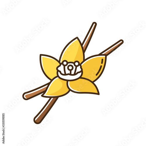 Vanilla yellow RGB color icon. Aromatic flower and pods of vanilla orchid. Aroma and flavor compound for foods and beverages. Cosmetic plant. Sweet baking ingredient. Isolated vector illustration