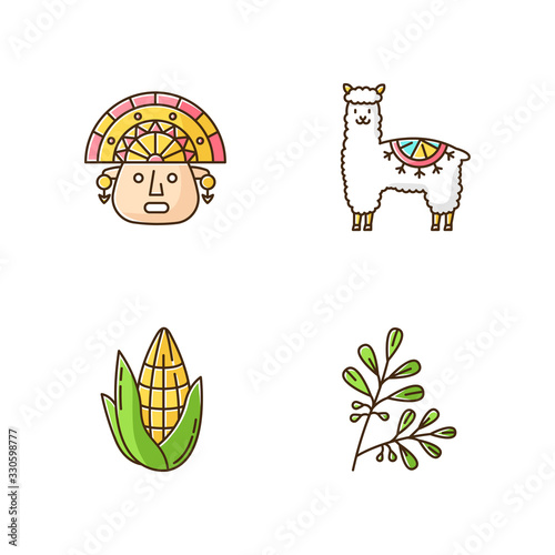 Peru RGB color icons set. Andean country features. Alpaca, incas, corn, coca. Incas history, and life traditions. Peruvian customs. Traveling in South America. Isolated vector illustrations