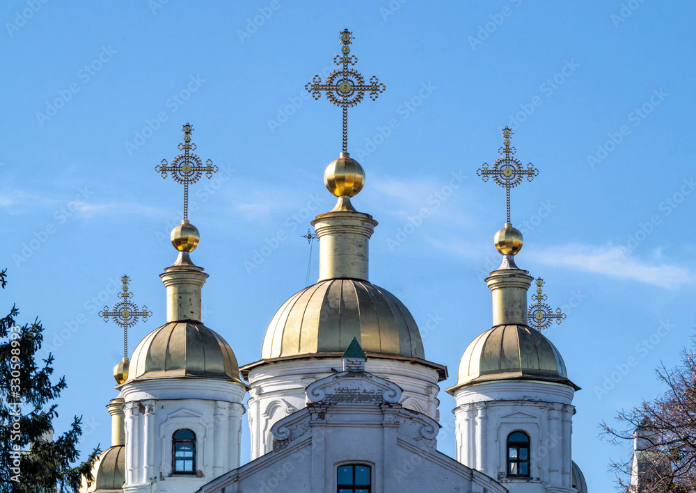 Orthodox church in Poltava against the spring blue sky