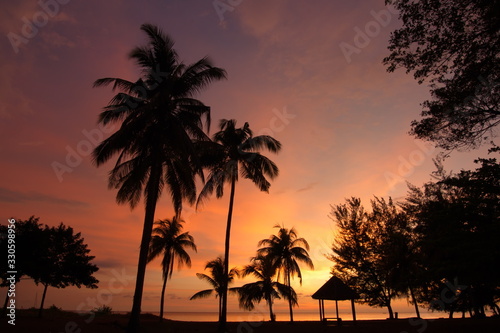 Sunset at beach with silhouette trees at Tanjung Aru beach in Sabah Malaysia