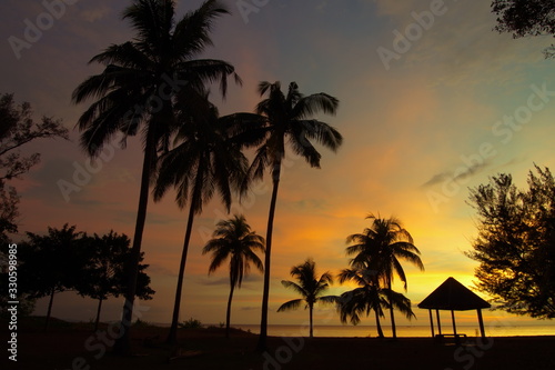 Sunset at beach with silhouette trees at Tanjung Aru beach in Sabah Malaysia