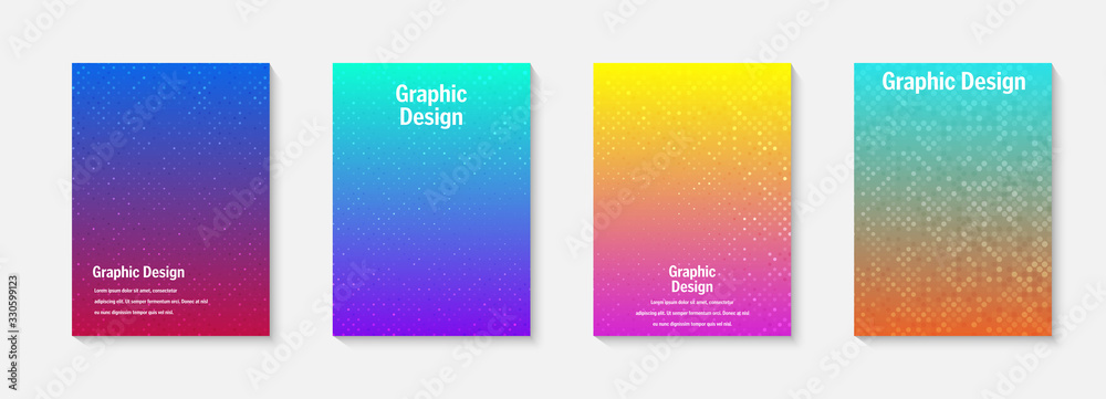 Vector halftone cover design templates. Layout set for covers of books, albums, notebooks, reports, magazines. Dot halftone gradient effect, modern abstract design. Geometric mock-up texture.