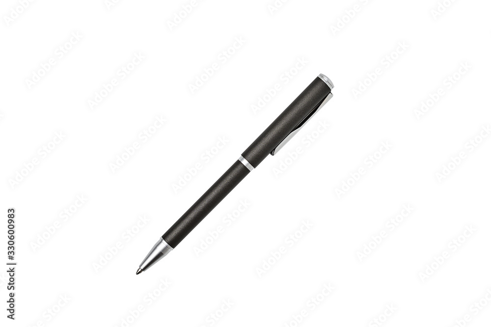 Ball point pen isolated on white background, metal pen grey color.