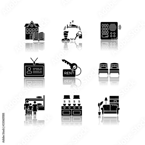Renting drop shadow black glyph icons set. Family dormitory. Communal kitchen. Identity card. Living room. Intercom. Shared space. Rental service. Isolated vector illustrations on white space