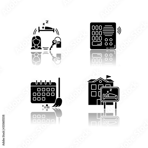 Hostel drop shadow black glyph icons set. Renting room for night. Intercom. Security. Sleeping accommodation. Cleaning schedule. Cleanliness control. Isolated vector illustrations on white space