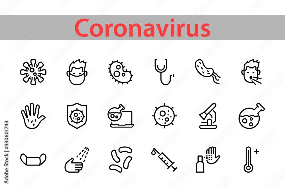 CORONAVIRUS a set of icons on the theme of Coronavirus, contains such icons as nucleation, hand washing, mask, bacteria, sneezing, Editable stroke, on a white background CORONAVIRUS a set of icons on the theme of Coronavirus, contains such icons as nucleation, hand washing, mask, bacteria, sneezing, Editable stroke, on a white background