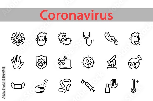 CORONAVIRUS a set of icons on the theme of Coronavirus, contains such icons as nucleation, hand washing, mask, bacteria, sneezing, Editable stroke, on a white background
