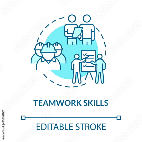 Teamwork skill turquoise concept icon. Technician group work. Soft skill for production worker. Marine engineer idea thin line illustration. Vector isolated outline RGB color drawing. Editable stroke