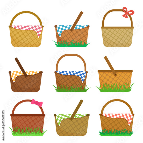 Easter or picnic baskets, set of straw baskets on the grass and with colorful checkered tablecloth. Vector illustration