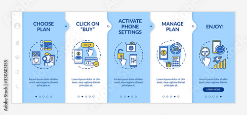 Tariff plan activation onboarding vector template. Gadget settings, mobile phone costs control. Responsive mobile website with icons. Webpage walkthrough step screens. RGB color concept