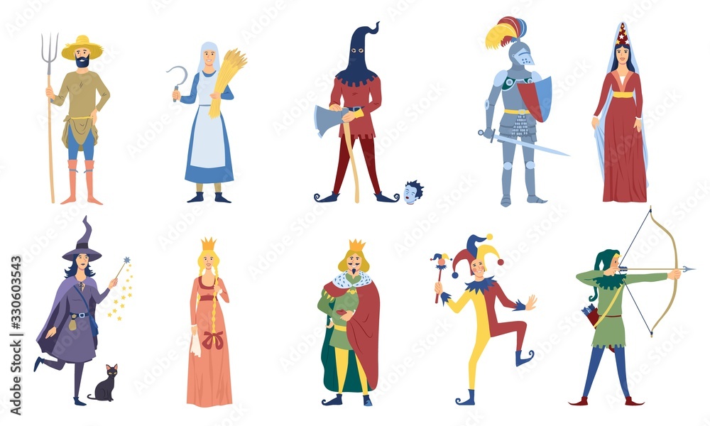 Set of vector medieval or fairy tale characters. Such as peasant, witch, archer, king, knight, magic, princess, magician and