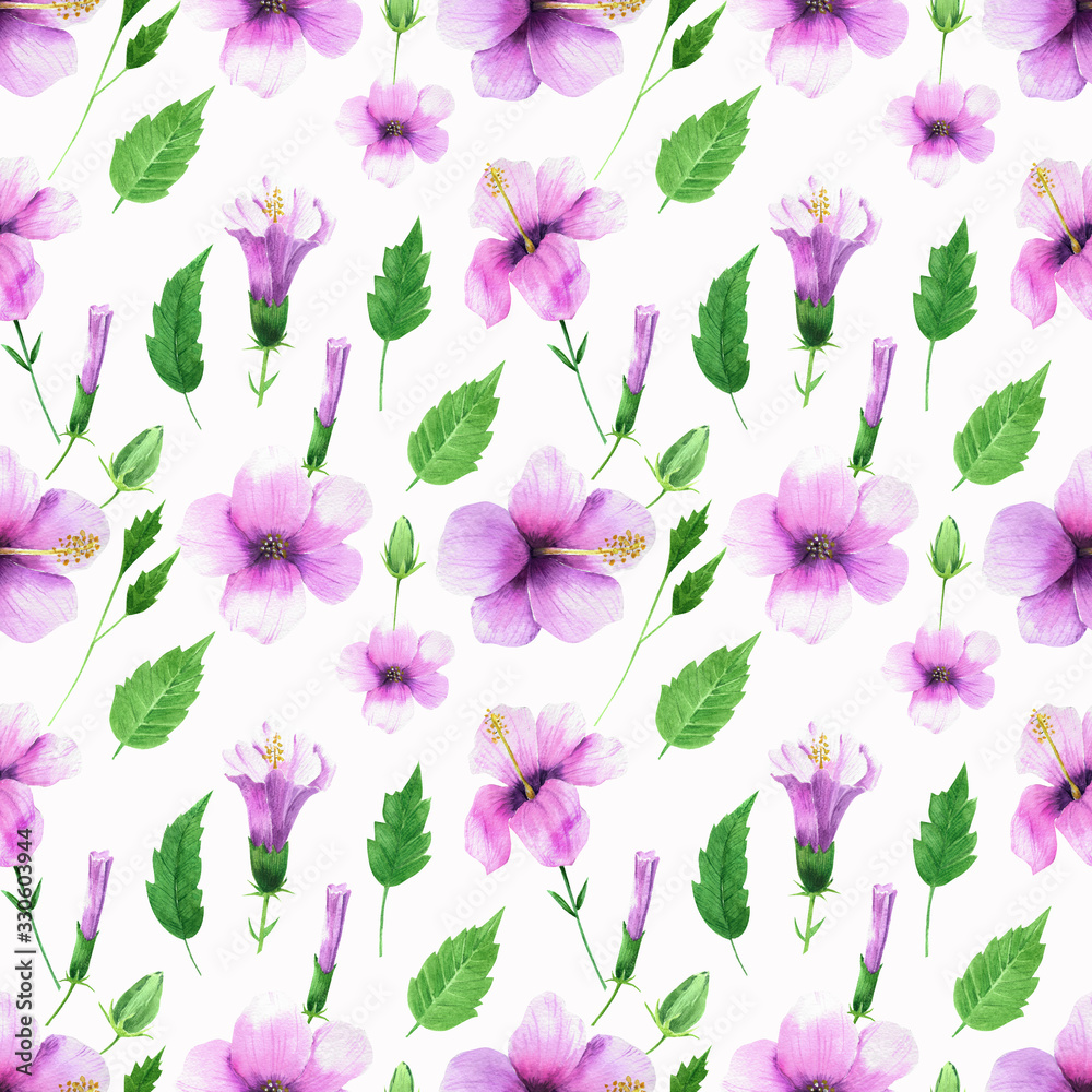 Beautiful tropical flowers pattern. Hand drawn watercolor hibiscus flowers isolated on white background