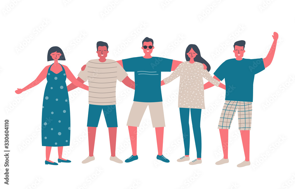 Obraz premium Friends are standing and hugging. Young men and young women in summer casual wear are standing together. International Friendship Day concept. Vector illustration in flat funky design