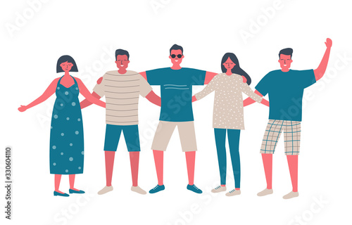 Friends are standing and hugging. Young men and young women in summer casual wear are standing together. International Friendship Day concept. Vector illustration in flat funky design