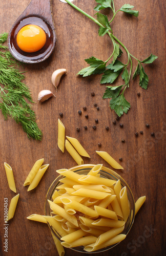 Penne rigate. Macaroni in the form of feathers. mostaccioli pasta