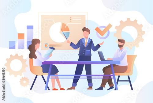 Team leader or businessman giving a presentation to his team seated at a table against backdrop of business icons and graph, vector illustration