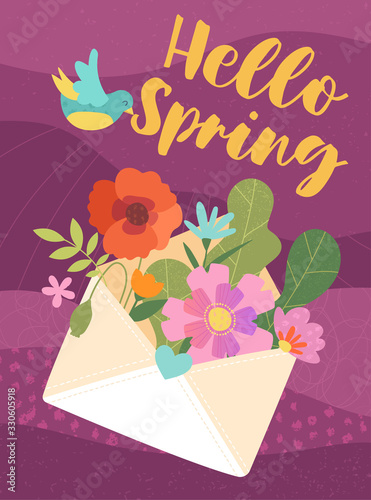 Hello Spring greeting card design with an assortment of colorful flowers peeping from inside an envelope and songbird with text over a purple background, vector illustration