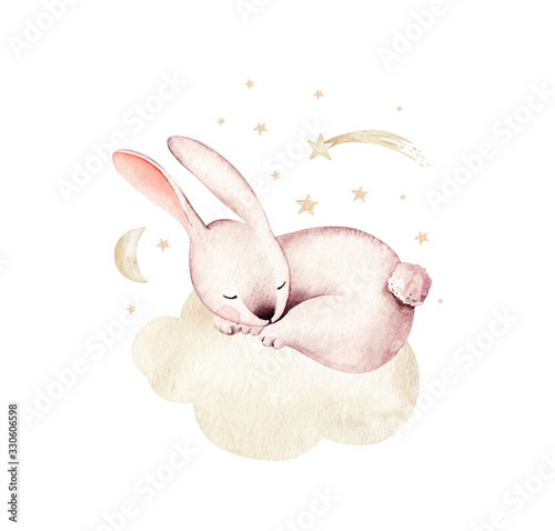 Watercolor Happy Easter baby bunnies design with spring blossom flower. Rabbit bunny kids illustration isolated.  cartoon forest hare animal bunny holiday funny decoration. Nursery poster design.