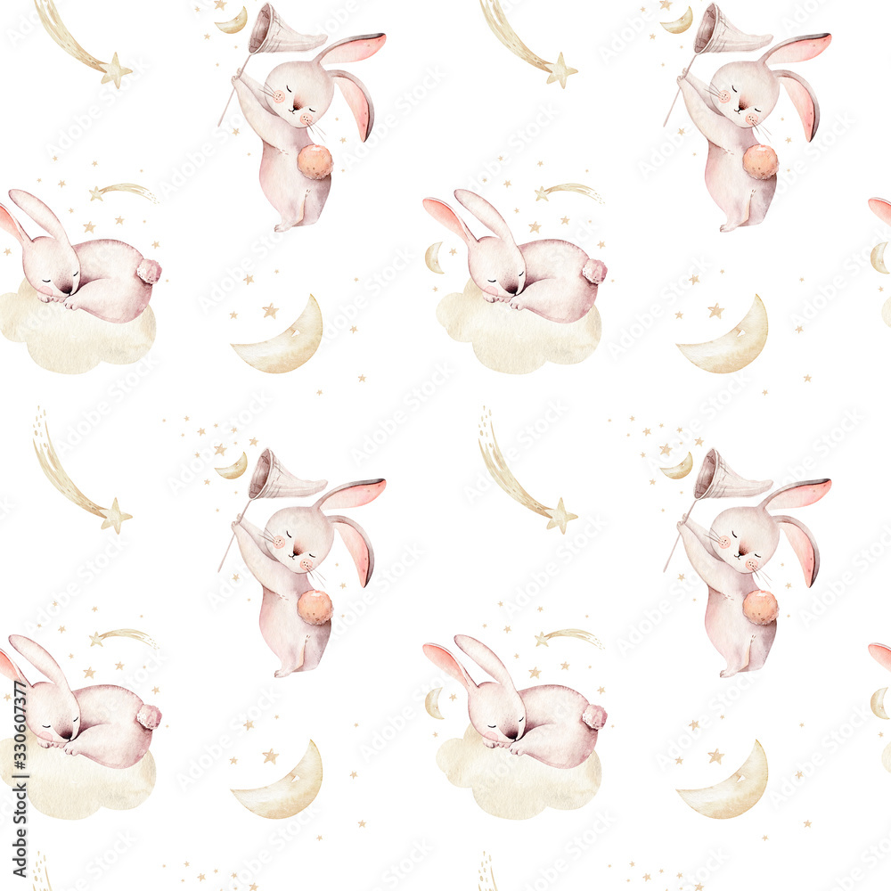 Cute baby rabbit animal seamless dream pattern comet with gold starsin night sky, forest bunny illustration for children clothing. Nursery Wallpaper - obrazy, fototapety, plakaty 