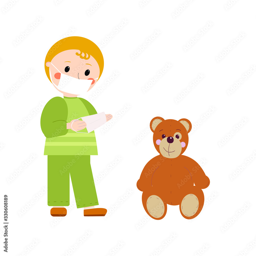 Child in a protective mask. A boy wants to protect a toy bear.Vector illustration: a boy with blond hair in green clothes and a teddy bear.
