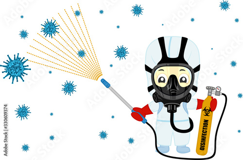 vector medical scientist in hazmat suits cleaning and disinfecting coronavirus epidemic MERS-CoV. Concept wuhan 2019-nCoV pandemic health illustration.
