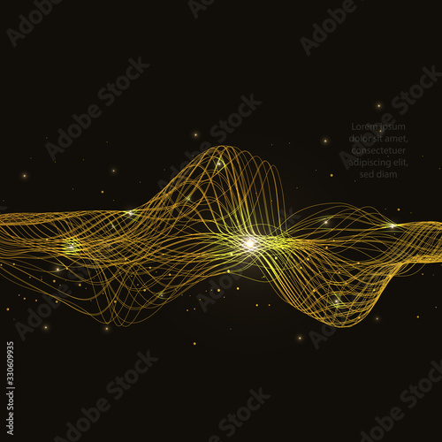 Abstract shiny gold wave design on black background