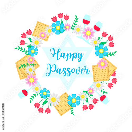 Jewish holiday Passover banner design with with floral decoration, matzo. vector illustration