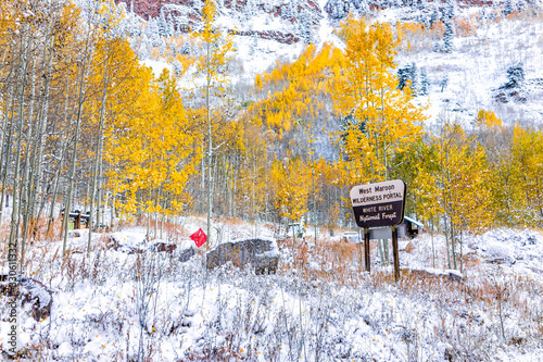 Forest snow in Aspen, Colorado mountains in October 2019 and vibrant trees foliage autumn and road sign for West Maroon Wilderness Portal