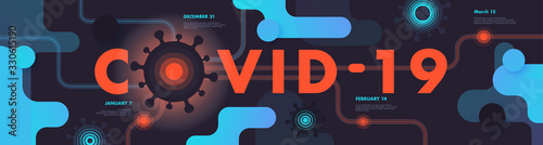 COVID-19 pandemic abstract background Illustration. Chinese city of Wuhan. Coronavirus logo, symbol. Timeline Map. Infographics template. Dark theme. Flat vector illustration. Eps 10