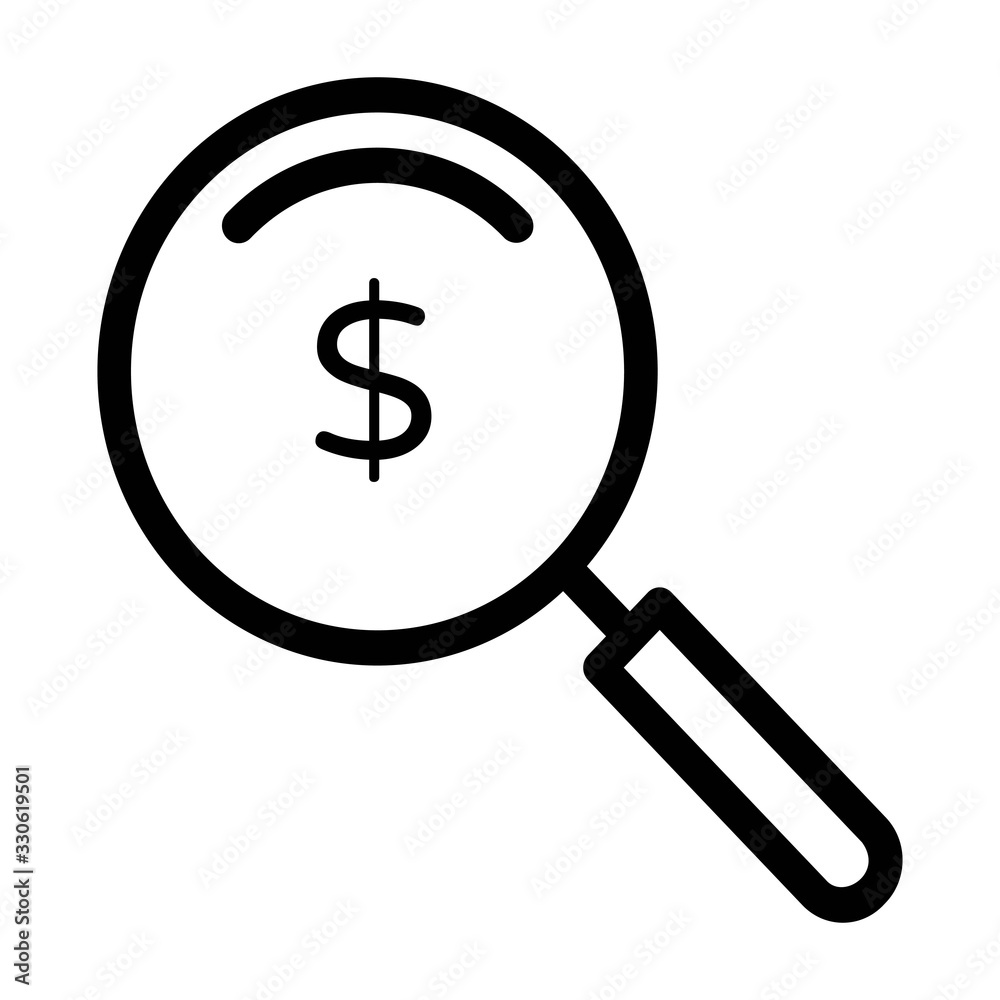 Magnifier with dollar sign icon. Find, search for money symbol. Magnifier with dollar sign icon. Find, search for money symbol.
