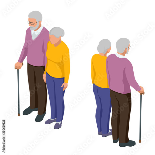 Isometric senior couple. Seniors isolated on white. Elderly woman and man. Aged people. Grandparents