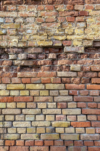 Close-up texture of the old red brick wall. Abstract close-up brick wall background.