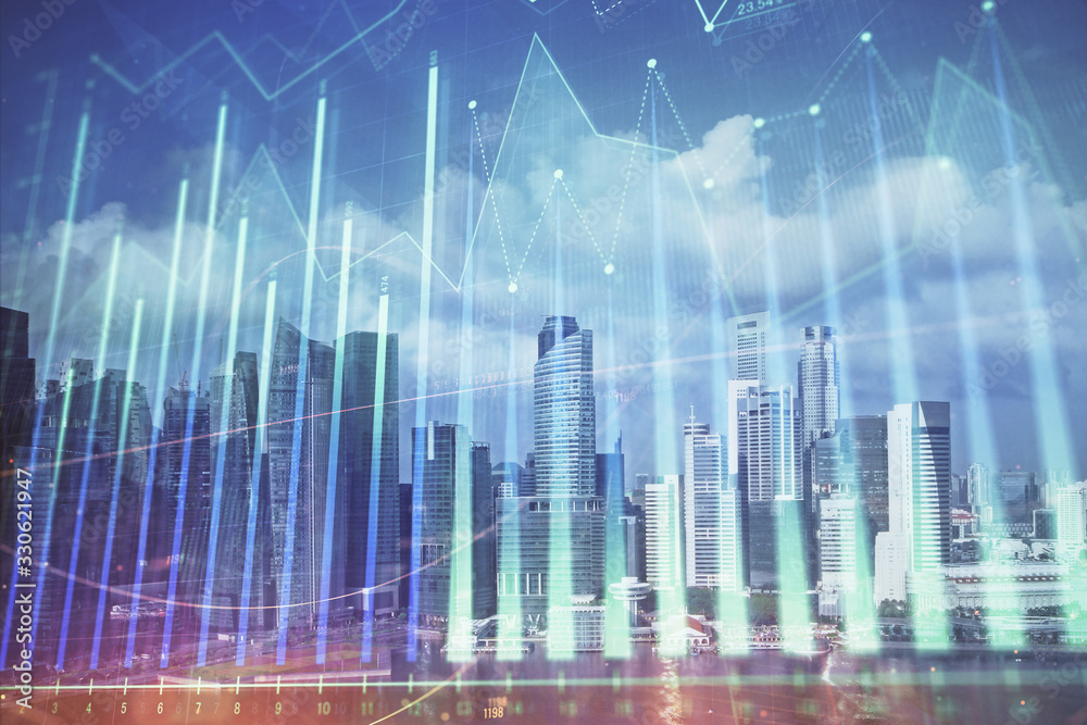 Forex chart on cityscape with skyscrapers wallpaper multi exposure. Financial research concept. Forex chart on cityscape with skyscrapers wallpaper multi exposure. Financial research concept.