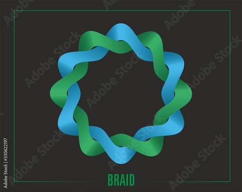Vector illustration, intertwined, braided shape in green and blue, copy space in middle.