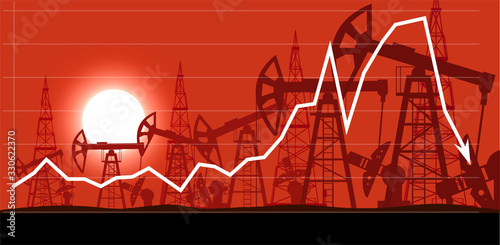 Industrial landscape of oil production against the background of a graph of falling prices per barrel vector illustration