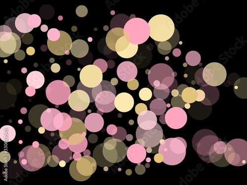 Gold, pink and rose color round confetti dots, circles scatter on black. 