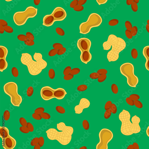 Tasty Peanut Seamless Pattern Isolated on Green Background. Nut Seeds.