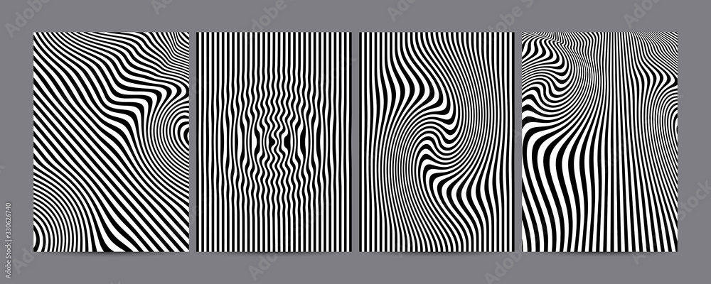 Minimal Vector black and white covers design. Cool dynamic lines. Optical illusion. EPS 10 template.